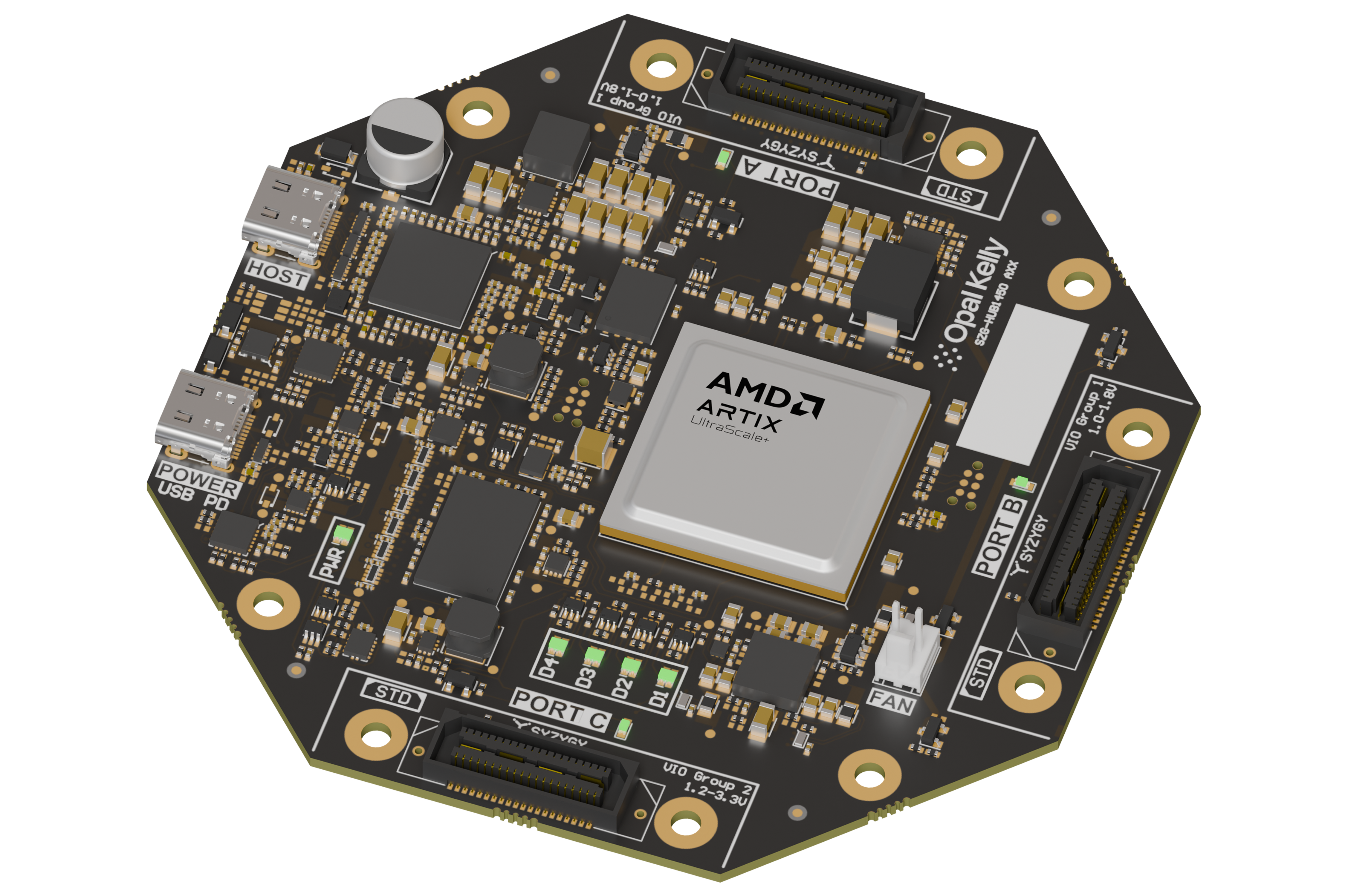 The SYZYGY Hub — octagonal FPGA evaluation board with three SYZYGY ports and AMD Artix UltraScale+ FPGA