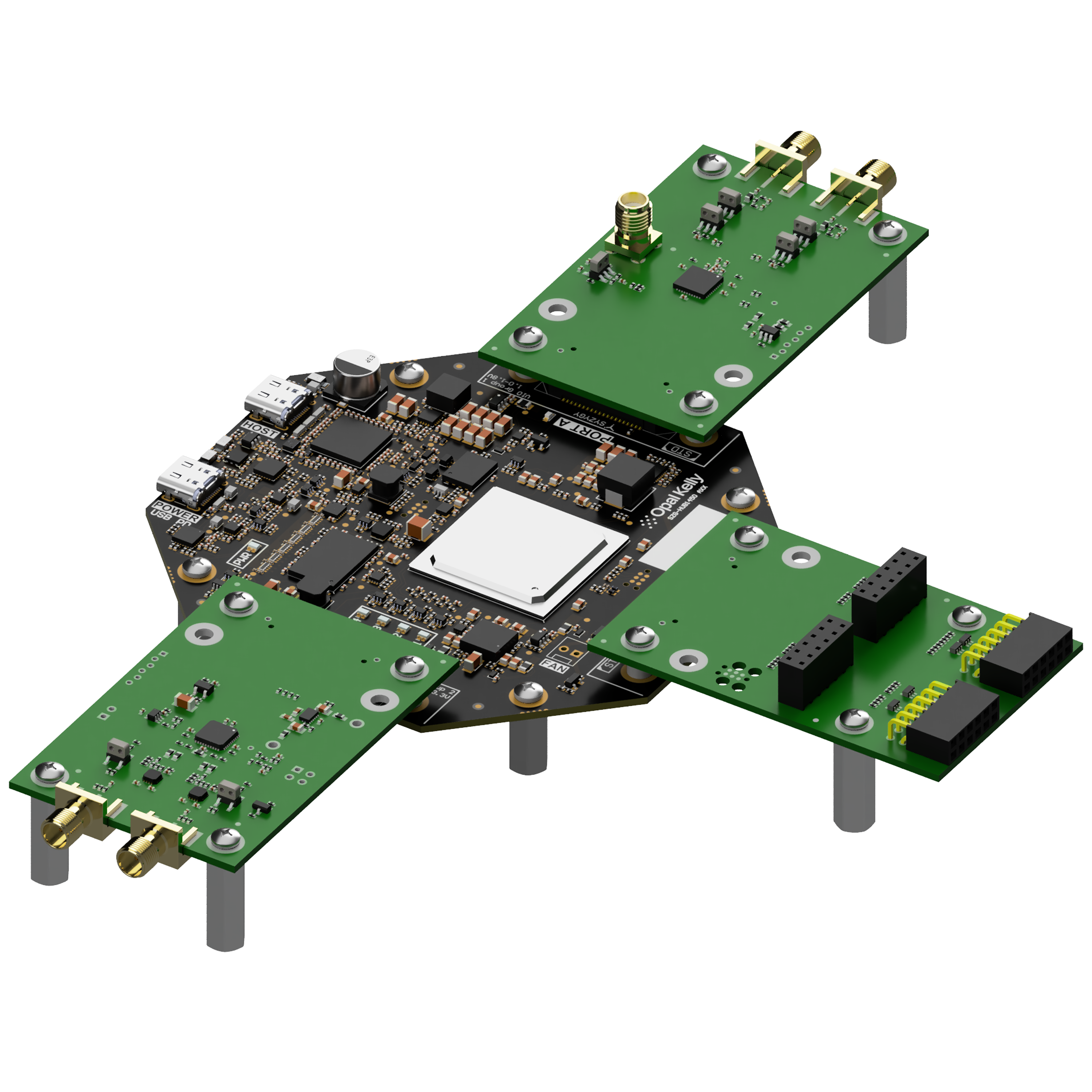 The SYZYGY Hub with ADC, data-acquisition, and breakout peripherals attached across its three SYZYGY ports