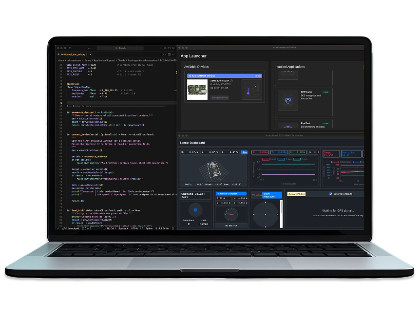 The FrontPanel 6 App Launcher and a sensor dashboard running on a laptop